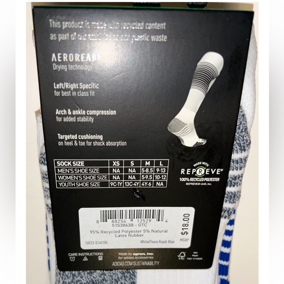 Adidas Team Speed OTC Soccer Socks 1 Pair Youth 13C-4Y White & Blue w Logo NEW! - Picture 3 of 11